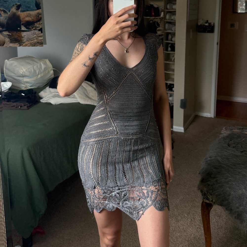Karen Millen Grey Crochet Beaded Knit Cruise Party Bodycon Dress 1 - Picture 2 of 9